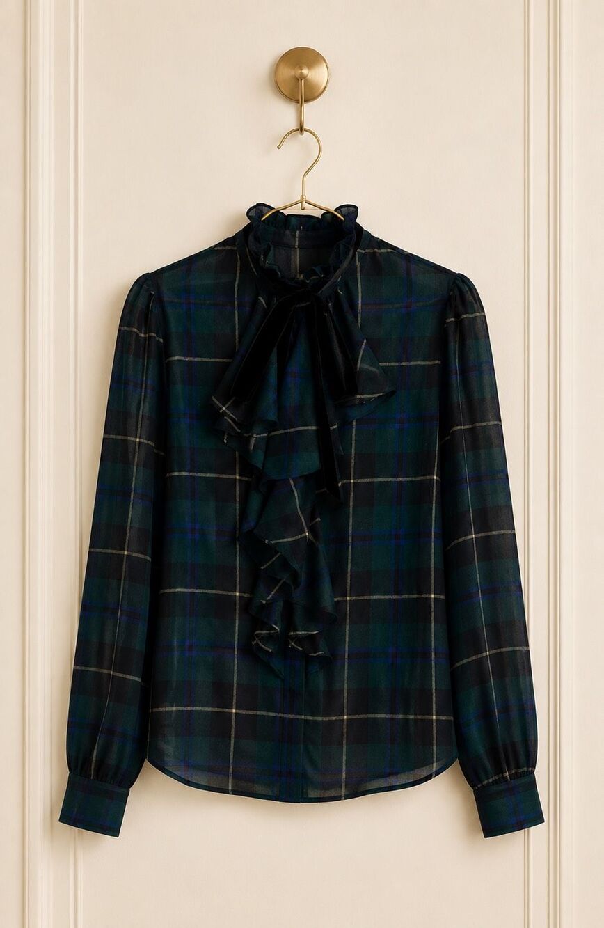 NWOT Lauren Ralph Lauren Blackwatch Plaid Ruffle-Trim Tie-Neck Blouse, Lrg quiet